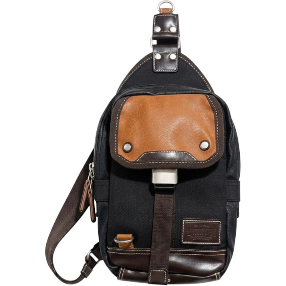 Harvest Label Sling Backpack Crossbody Black Canvas Faux Leather Travel Bag 11"